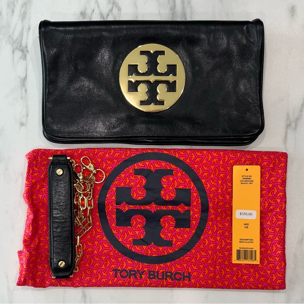 Tory Burch Reva Clutch Gold Chain • Black  Leather • Excellent Condition
